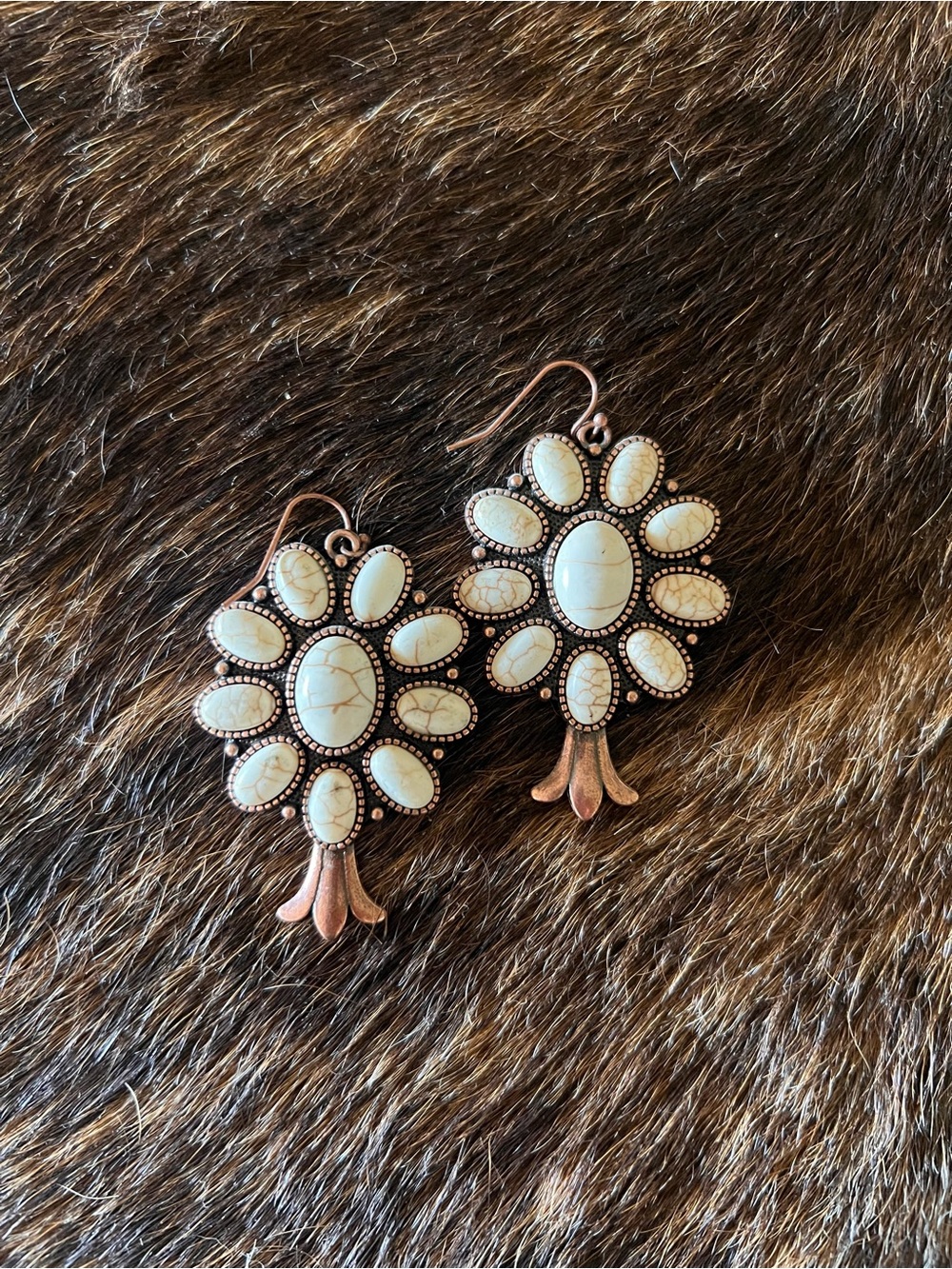 White Stone & Copper Floral Drop Earrings